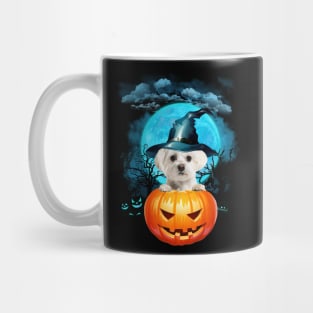 White Maltese Witch Hat Pumpkin And Blue Moon Halloween Mug